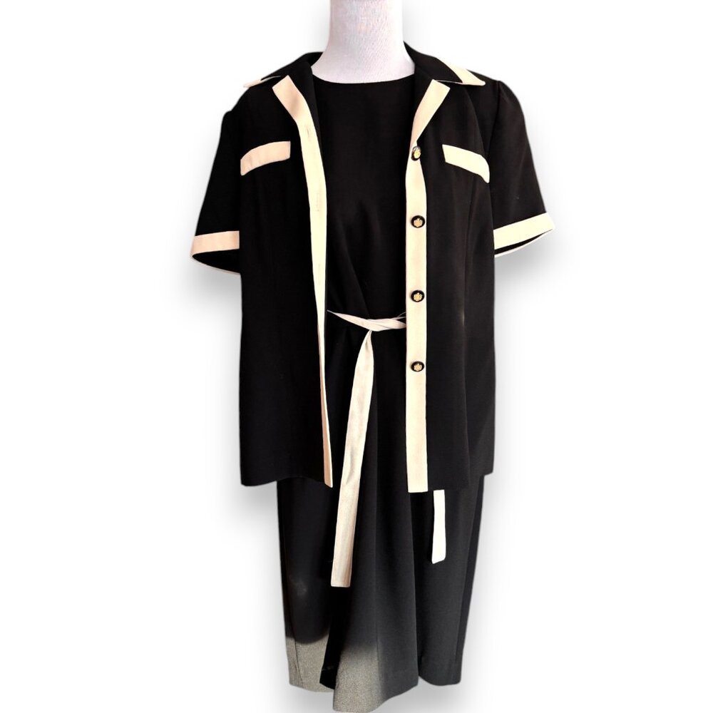 Leslie Fay Petite Vintage 80s black‎ dress tie belt and short sleeve shirt sz 8P